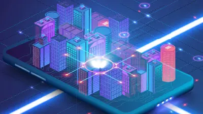 Digital Transformation  A digital 3D cityscape on top of an iPhone screen